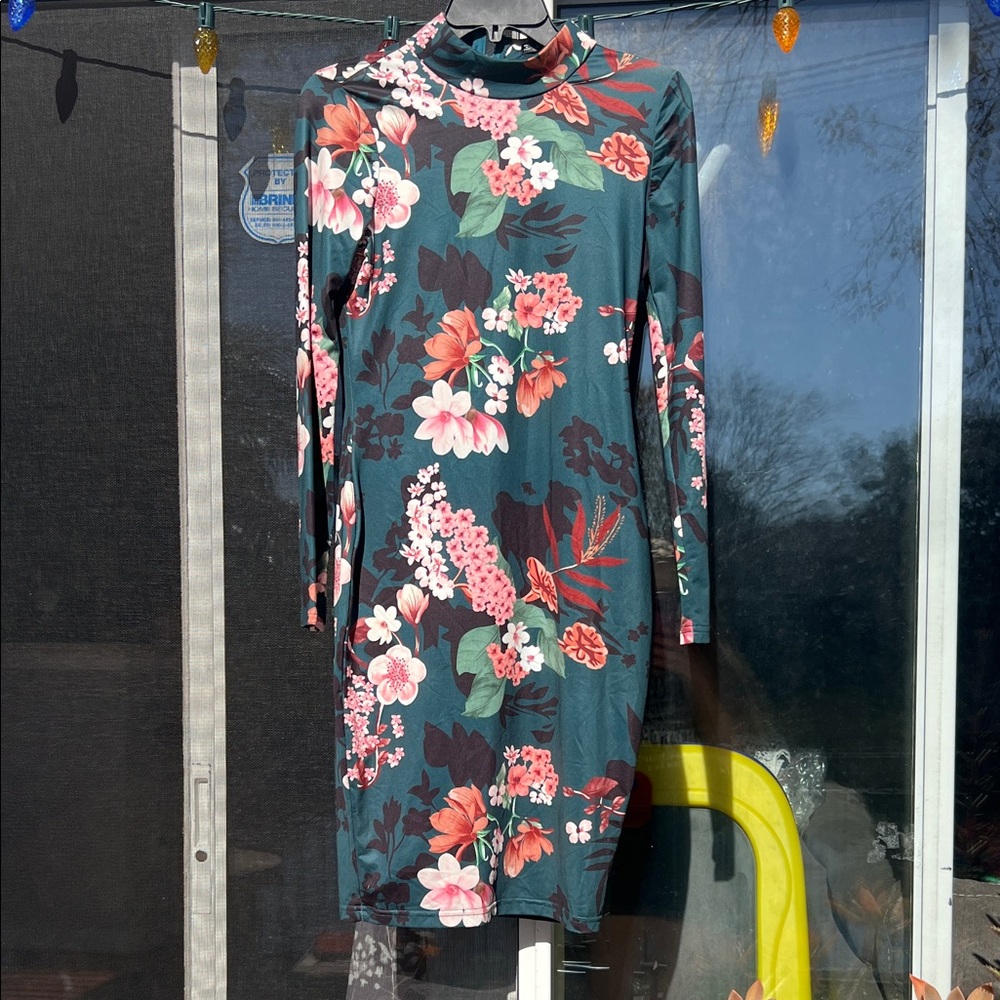 SHEIN Teal Floral Long Sleeve Dress